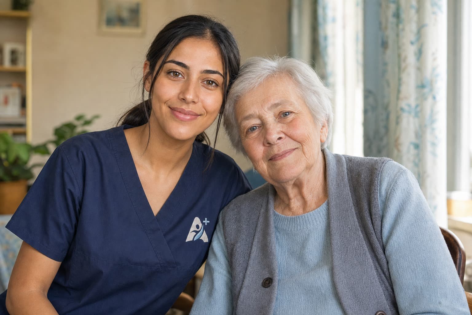 Aktiva+ Pflegekraft und Seniorin lächeln gemeinsam in die Kamera