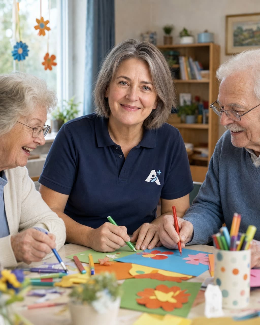 Seniorinnen und Senioren basteln gemeinsam mit einer Aktiva+ Betreuerin